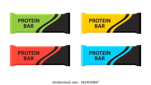 Protein bars with different flavors. Sport and fitness supplements. Vector illustration