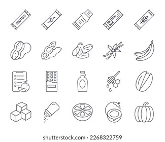 Barras de proteínas e iconos de ingredientes. Conjunto de iconos de línea vectorial de trazo editable. Receta de tarta de chocolate de coco de miel de trigo nublado. Azúcar de sodio dátiles de vainilla jarabe de arce calabaza de cítricos limón naranja