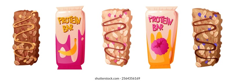 Protein bars set isolated on white background. Vector cartoon illustration of sweet cereal snack with dried fruits, honey, chocolate and caramel topping, raspberry and banana on wrapping, healthy food