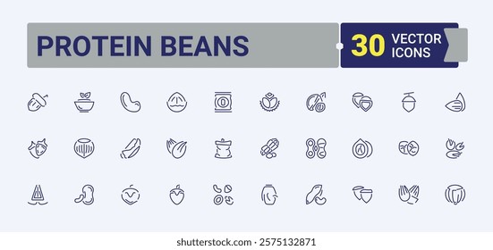 Protein Beans linear icon collection. It contains symbols to sunflower, app, coconut, pumpkin, vegetarian, macadamia, web, walnut. Pixel perfect. Editable vector stroke.