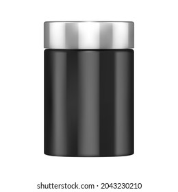 Protein Bottle Mockup. Supplement Powder Jar Blank. Sport Packaging Cylinder, Nutrition Can Glossy Cap. Fitness Remedy Bcaa Tube Design, Nutrient Canister, Black Gloss Package