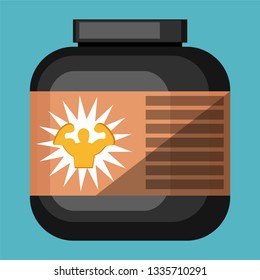 Eine Proteinbox mit einem Bauerbild, auf der ein gelbes, farbiges Vektorfarbzeichnung oder Illustration gedruckt ist.