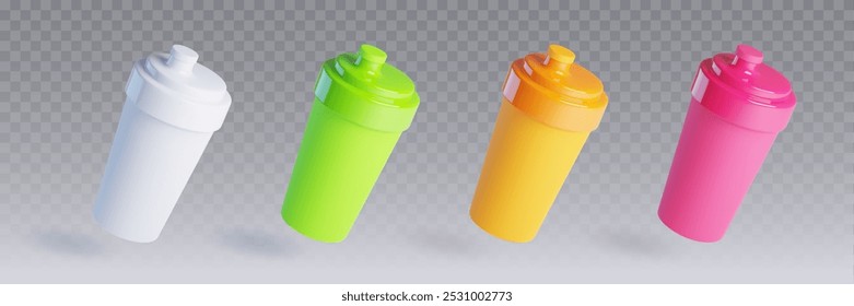 Mockup de coquetel de proteína. Realista vetor 3d ilustração conjunto de garrafa de plástico fechado de cores diferentes. Gym e fitness esporte recipiente reutilizável para água potável durante o treino.