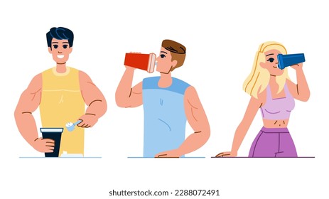 protein cocktail vector. shake drink, workout milk, shaker nutrition, healthy diet, powder sport protein cocktail character. people flat cartoon illustration