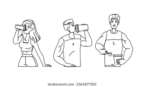 protein cocktail vector. shake drink, workout milk, shaker nutrition, healthy diet, powder sport protein cocktail character. people black line illustration