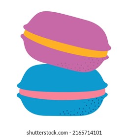Macarones de proteína de colores - diseño plano de un solo objeto aislado. Imagen detallada de pastel morado y azul con capa crema. Postre dulce, menú, comida deliciosa, sudadería y pastelería.