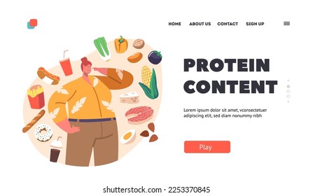 Protein Content Landing Page Template. Fat Female Character Choose between Healthy and Unhealthy Meals. Food Choice Concept with Overweight Thoughtful Woman. Cartoon People Vector Illustration