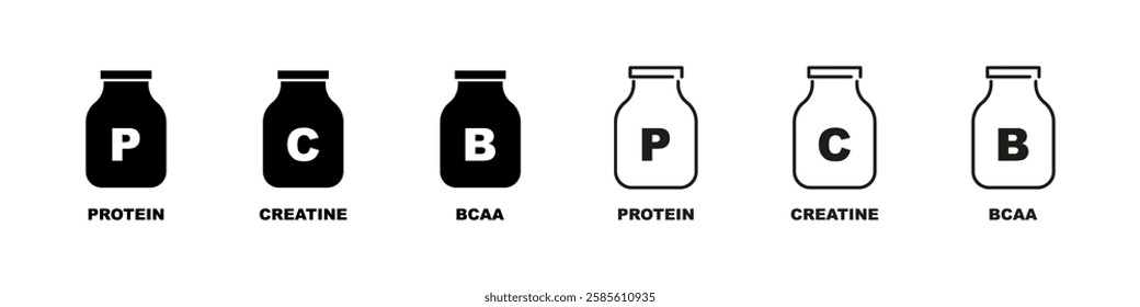 Protein, Creatine and BCAA Bottles Vector Icon Set