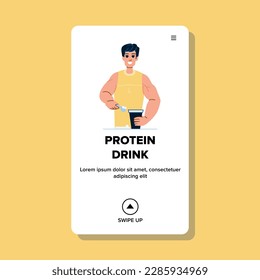protein drink man vector. fit athlete, sport shake, gym supplement, shaker nutrition, bottle healthy protein drink man web flat cartoon illustration