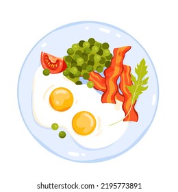 Protein English breakfast, cooking morning food with fat vector illustration. Cartoon isolated fried hot ham bacon pieces and eggs, green peas, parsley leaf and tomato slice on plate, top view