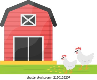 protein farm Concept, Chicken Pecking outside Shed vector color icon design, Farming and Agriculture symbol, village life Sign, Rural and Livestock stock illustration