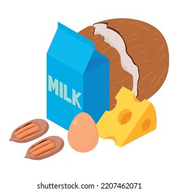 Protein food icon isometric vector. Package of milk, piece cheese, coconut and egg. Natural ingredient, healthy food