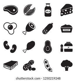 Protein Food Icons. Black Flat Design. Vector Illustration. 