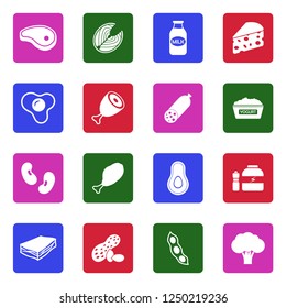 Protein Food Icons. White Flat Design In Square. Vector Illustration. 