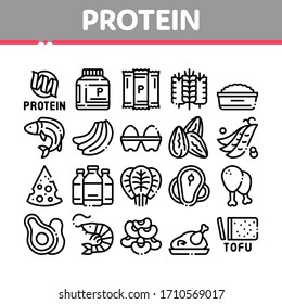 Protein Food Nutrition Collection Icons Set Vector. Bottle And Package With Protein, Fish And Chicken Meat, Milk And Cheese Concept Linear Pictograms. Monochrome Contour Illustrations