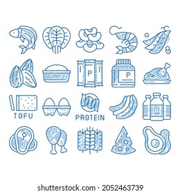 Protein Food Nutrition sketch icon vector. Hand drawn blue doodle line art Bottle And Package With Protein, Fish And Chicken Meat, Milk And Cheese Illustrations