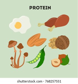 Protein food set. Meat and mushrooms, eggs and nuts.