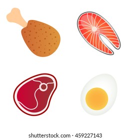 Protein Foods Set. Vector illustration of sliced beef steak, egg, salmon fish, chicken leg isolated on white