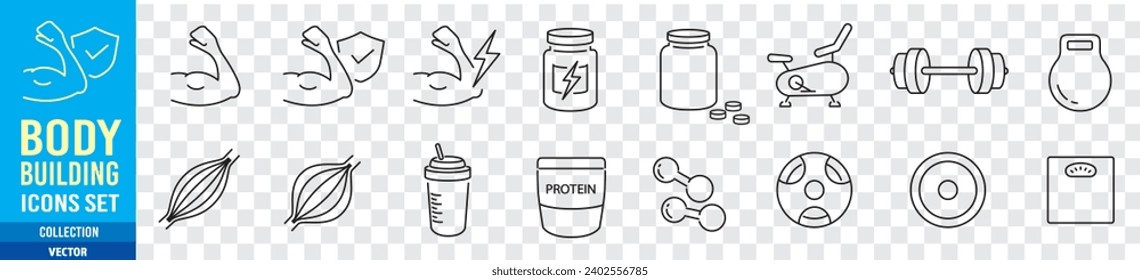 Protein, Gym, Bodybuilding, Fitness, Health, Muscle editable stroke icons set collection vector
