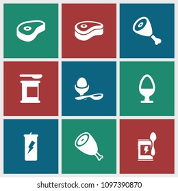 Protein icon. collection of 9 protein filled icons such as beef, boiled egg. editable protein icons for web and mobile.