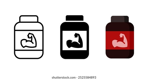 Ícone de proteína. Frasco de proteína com a ilustração do vetor do adesivo do braço muscular. Símbolo de suplemento de aptidão. Sinal de pote de pó de proteína. Conceito de nutrição esportiva. Alimentação para halterofilismo. Ganho de peso e músculo.