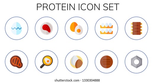 protein icon set. 10 flat protein icons.  Collection Of - egg, meat, steak, fried egg, boiled egg, eggs, ribs, nut