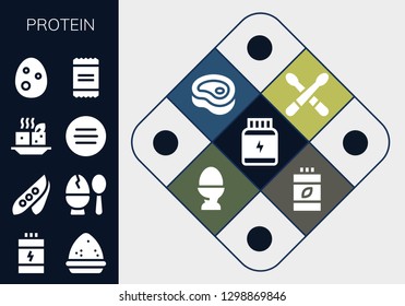  protein icon set. 13 filled protein icons. Simple modern icons about  - Protein, Proteins, Powder, Pea, Egg, Tofu, Meat, Drumsticks, Vitamins