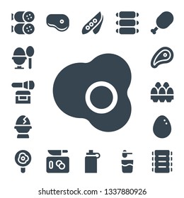 protein icon set. 17 filled protein icons.  Collection Of - Salami, Boiled egg, Powder, Egg, Meat, Eggs, Fried egg, Steak, Chop, Pea, Isotonic, Ribs