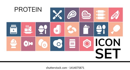 protein icon set. 19 filled protein icons.  Simple modern icons about  - Drumsticks, Protein, Egg, Meat, Boiled egg, Powder, Nut, Tofu, Jelly beans, Isotonic, Steak, Ribs, Pea