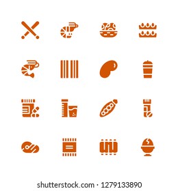 protein icon set. Collection of 16 filled protein icons included Boiled egg, Ribs, Powder, Meat, Vitamins, Peas, Protein shake, Jelly beans, Bacon, Shrimp, Eggs, Prawn, Drumsticks