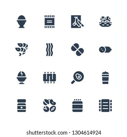 protein icon set. Collection of 16 filled protein icons included Ribs, Protein, Nuts, Powder, shake, Fried egg, Boiled egg, Cold meat, Vitamin, Bacon, Shrimps, Eggs, Chop