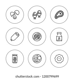 Protein icon set. collection of 9 outline protein icons with boiled egg, egg, meat, jelly beans, protein, salami icons. editable icons.