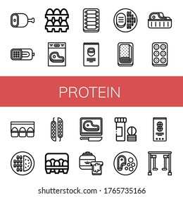 protein icon set. Collection of Ham, Eggs, Steak, Ribs, Nuts, Meatloaf, Meatball, Egg carton, Meat, Peas, Peanut butter, Vitamin, Peanut, Gym equipment icons