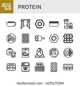 protein icon set. Collection of Steak, Pistachio, Gym equipment, Nut, Minced meat, Vitamin, Bacon, Ham, Eggs, Peanut butter, Fried eggs, Egg, Peas, Gym, Meatball, Egg carton icons