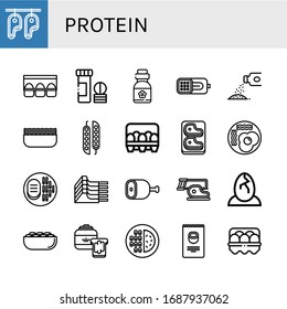 protein icon set. Collection of Steak, Egg carton, Vitamin, Vitamins, Ham, Powder, Minced meat, Peas, Eggs, Fried eggs, Mutton, Pistachio, Peanut butter, Meat, Nuts, Egg icons