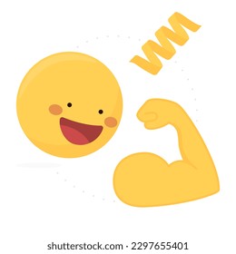 Protein icon, yellow emoji with functions and benefits of the macromolecule.
Vector illustration with flat background
