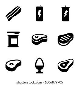 Protein icons. set of 9 editable filled protein icons such as beef, protein powder, bacon