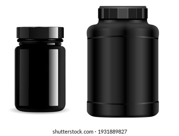 Protein jar. Black plastic bottle. Supplement package, sport container, 3d vector. Whey protein powder packaging. Vitamin pill can, realistic round cylinder bottle set. Geiner pack blank isolated