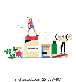 Tarro De Proteína Con Atleta Femenina En Ilustración vectorial Plana Que Simboliza La Aptitud, La Nutrición Y Los Suplementos De Salud, Aislado Sobre Fondo Blanco.