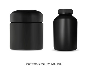 Frasco de proteína Vector en blanco. Diseño de envase de vitaminas de suplemento. Ilustración de la muestra del empaquetador del ganador del músculo del cilindro realista de la Plantilla de la lata de plástico negro