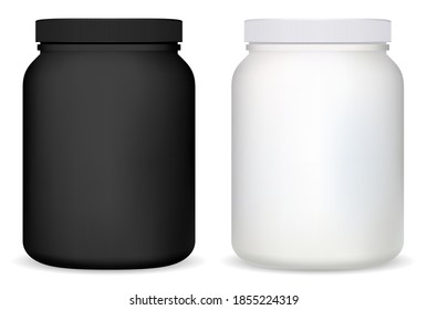 Protein jar. White plastic supplement bottle vector blank. Whey powder container, matte round mockup. Pill capsule cylinder package. Gym nutricional vitamins can. Casein canister for muscle sport