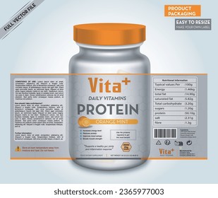 Etiqueta de la proteína, Diseño de etiquetas suplementarias, acondicionamiento de botellas de vitamina, Gimnasio, frasco de vitamina y pastillas, Paquete de medicamentos, Multivitamina, omega, paquete de dieta, paquete de salud, fabricante del cuerpo, maquillaje de botellas vectoras