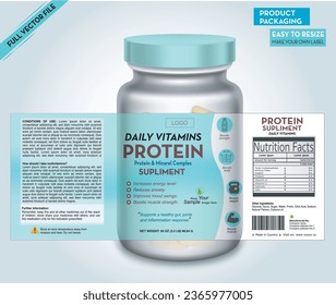 Etiqueta de la proteína, Diseño de etiquetas suplementarias, acondicionamiento de botellas de vitamina, Gimnasio, frasco de vitamina y pastillas, Paquete de medicamentos, Multivitamina, omega, paquete de dieta, paquete de salud, fabricante del cuerpo, maquillaje de botellas vectoras