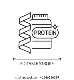 Protein linear icon. Supplement for fitness. Nutrition for workout. Chemical structure. Thin line customizable illustration. Contour symbol. Vector isolated outline drawing. Editable stroke
