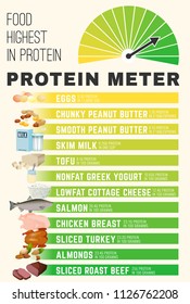 Protein Meter. High Protein Foods Concept. Vertical Poster With Lean Beef, Chicken, Fish, Eggs, Dairy Products And Other Healthy Food. Vector Illustration Isolated On A Light Background.