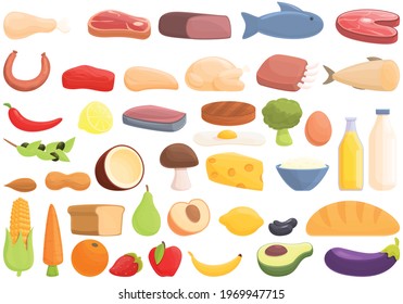 Protein nutrient icons set. Cartoon set of protein nutrient vector icons for web design