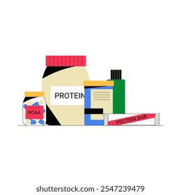 Protein And Nutritional Supplements In Flat Vector Illustration Symbolizing Health, Fitness, And Wellness, Isolated On White Background.