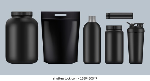 Protein packages. Fitness sport healthy food drink supplement whey bcaa nutrition containers plastic bottles for gym vector template