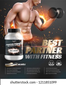 Protein powder ads with hunky man lifting dumbbell in 3d illustration