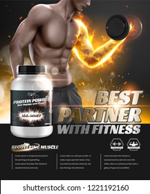 Protein powder ads with hunky man lifting dumbbell in 3d illustration, special glowing fire effect on his arm